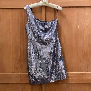 Forever 21 One-Shoulder Gunmetal Pewter Metallic Sequined Dress Sz S